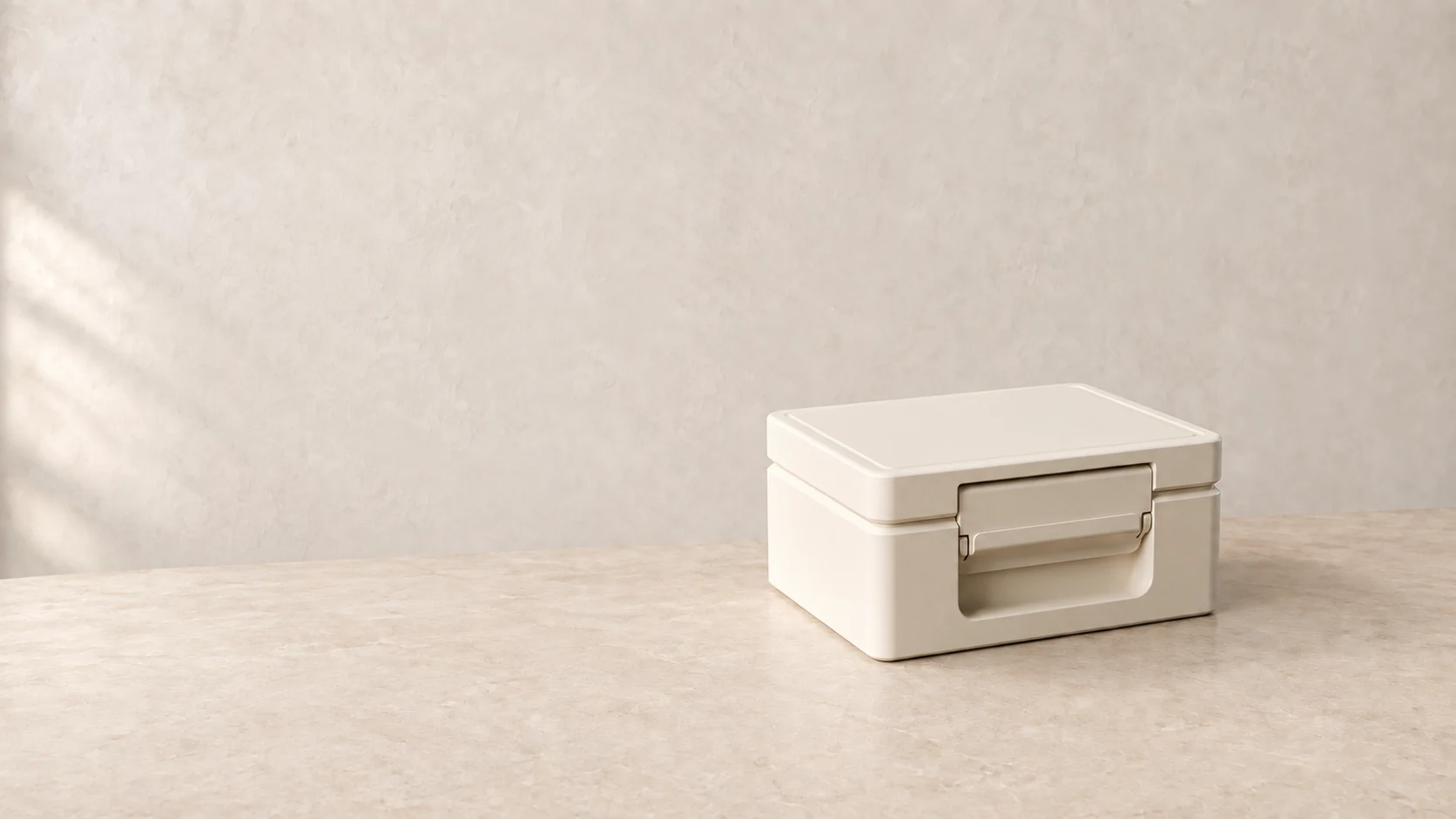 A closed ivory PepSupply case resting on a sunlit marble workbench